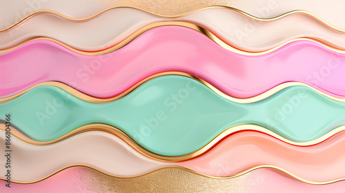 Wallpaper Mural wavy abstract geometric 3d background with pastel colors including pink, mint green, and turquoise. The waves are bordered with a golden texture, creating a luxurious and soft aesthetic
 Torontodigital.ca