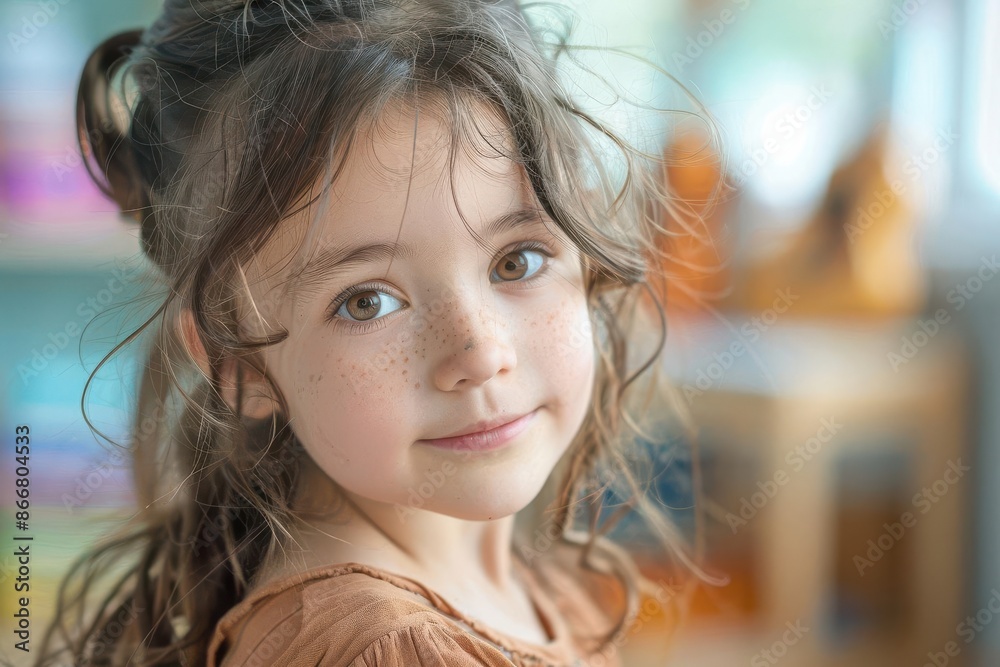 A young girl with curly brown hair and big brown eyes looks directly at the camera with a gentle smile. A young girl with curly brown hair and big brown eyes looks directly at the camera with a gentle smile.