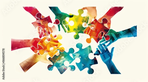 A group of diverse hands holding puzzle pieces of different colors, coming together to form a circle.