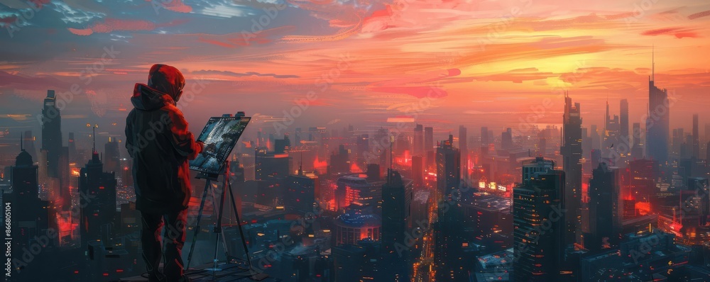 Fototapeta premium An artist painting a futuristic cityscape, focus on the artwork, futuristic, silhouette, urban setting backdrop
