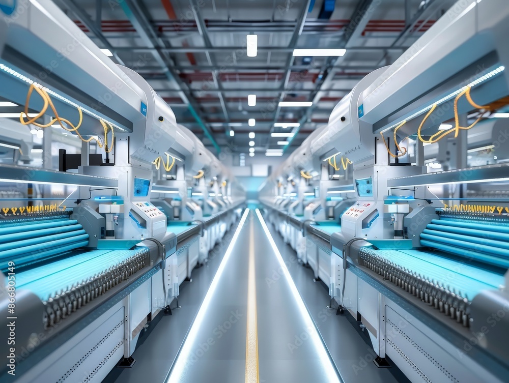Obraz premium Modern garment factory with computer-controlled knitting machines, producing high-quality knitwear, illustrating the integration of technology in textile production 
