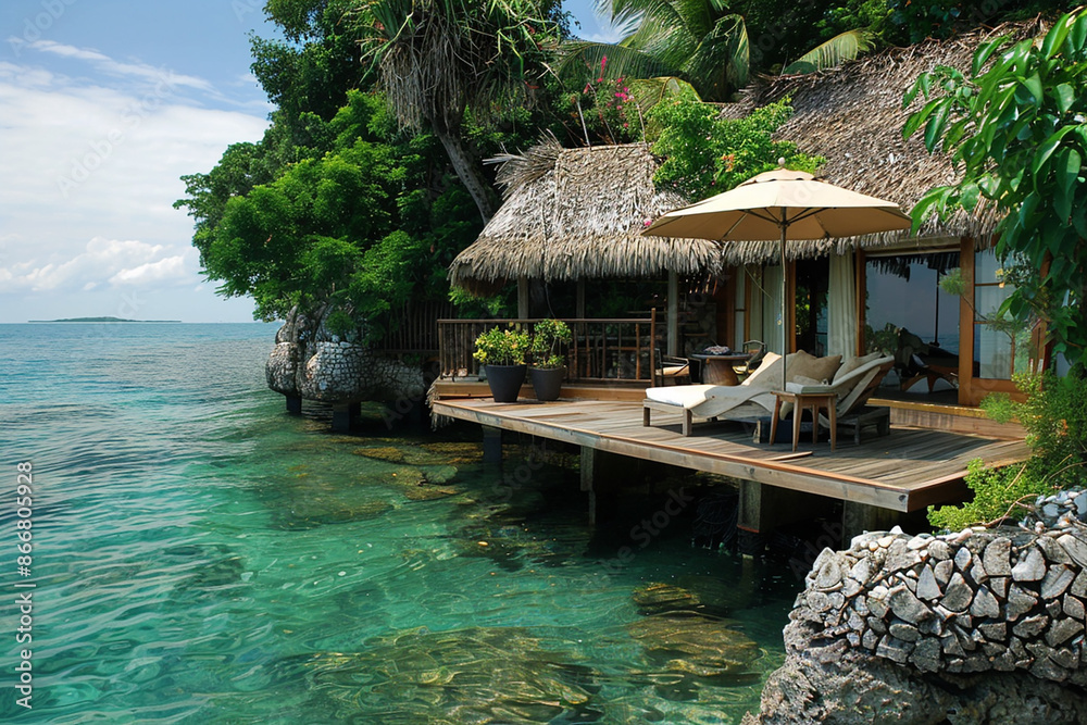 Beautiful tropical overwater bungalow with thatched roof and sun deck over clear, turquoise water, surrounded by lush green vegetation. Beautiful tropical overwater bungalow with thatched roof and sun deck over clear, turquoise water, surrounded by lush green vegetation.