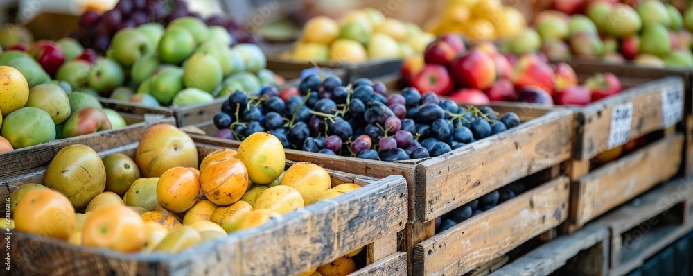 Fruit market with assorted fresh produce in wooden crates, daytime scene. Healthy eating and local farming concept Fruit market with assorted fresh produce in wooden crates, daytime scene. Healthy eating and local farming concept