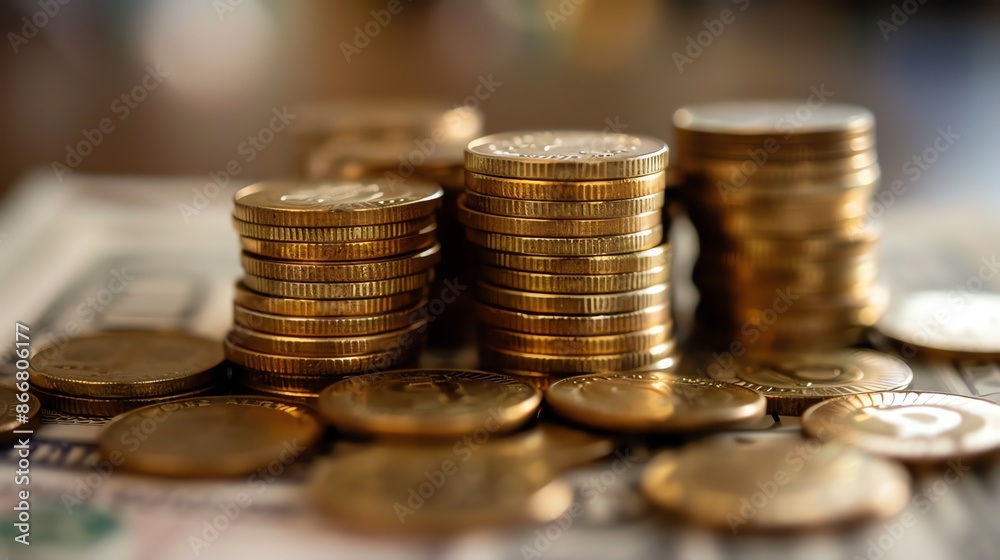 Stacks of gold coins on a wooden table. The coins are in different denominations and are arranged in a haphazard manner. Stacks of gold coins on a wooden table. The coins are in different denominations and are arranged in a haphazard manner.