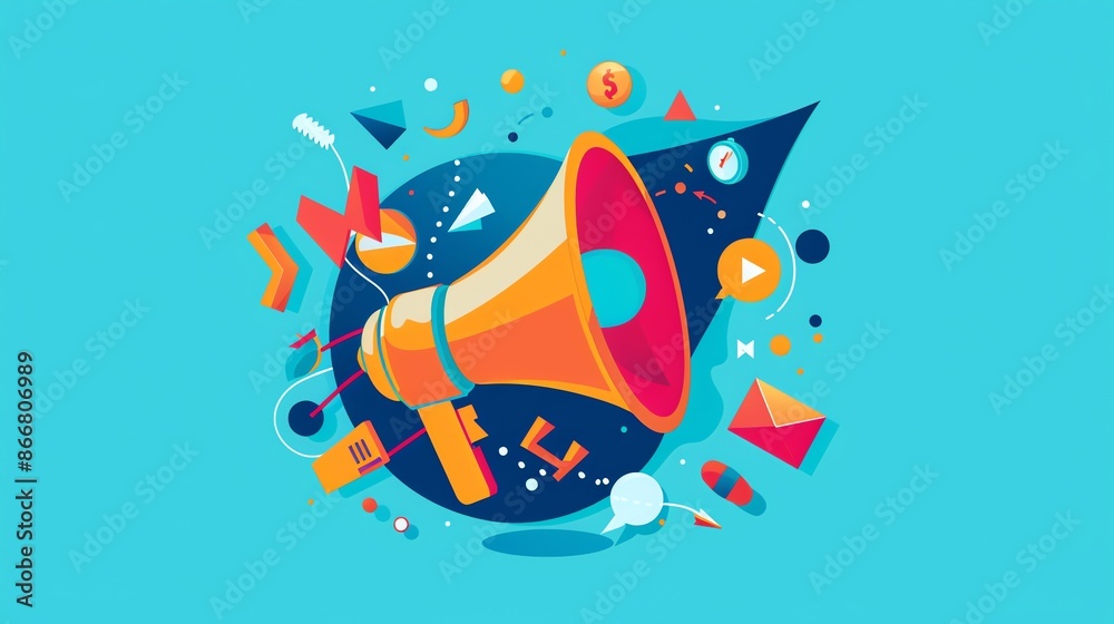 3D rendering of a megaphone with speech bubbles and geometric shapes. The megaphone is orange and blue and is pointing to the right. 3D rendering of a megaphone with speech bubbles and geometric shapes. The megaphone is orange and blue and is pointing to the right.