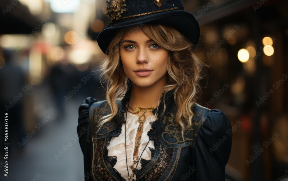 A portrait of a woman wearing steampunk clothing and a top hat, standing in a city setting A portrait of a woman wearing steampunk clothing and a top hat, standing in a city setting