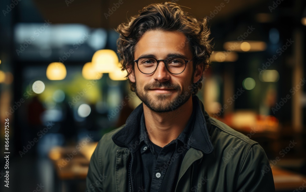 A portrait of a young man with glasses, wearing a dark jacket, smiling confidently at the camera in a restaurant setting with blurred lights in the background A portrait of a young man with glasses, wearing a dark jacket, smiling confidently at the camera in a restaurant setting with blurred lights in the background