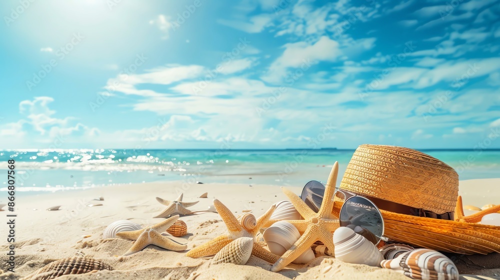 This is a beautiful beach scene. The sand is white and soft, and the water is crystal clear. There are a few shells and a straw hat on the beach. This is a beautiful beach scene. The sand is white and soft, and the water is crystal clear. There are a few shells and a straw hat on the beach.
