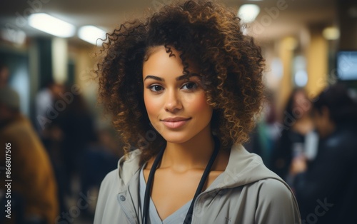 A young black female doctor with curly hair smiles for the camera while standing in a busy hallway