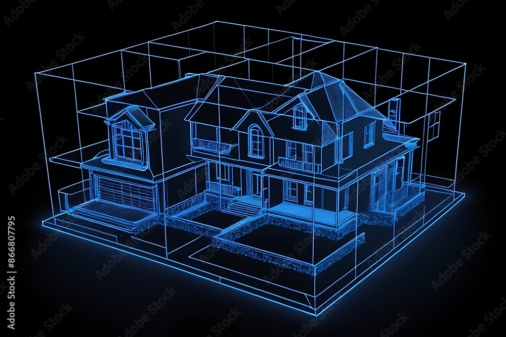 Fototapeta premium 3d house hologram. real estate abstract blue wereframe on black background.