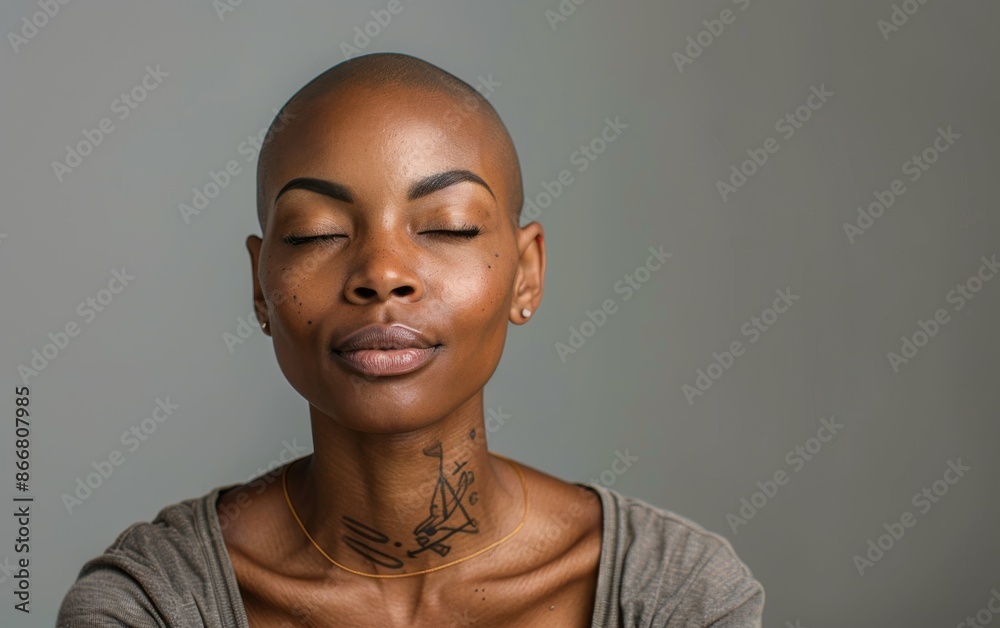 A bald black woman with closed eyes meditating in front of a grey wall. She is wearing a gray shirt A bald black woman with closed eyes meditating in front of a grey wall. She is wearing a gray shirt