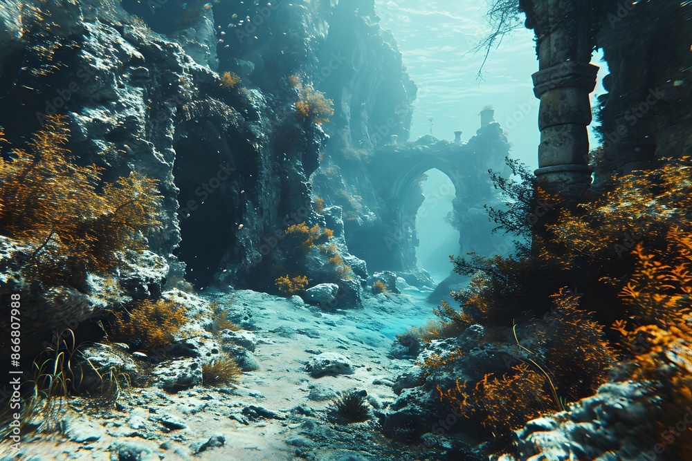 Naklejka premium Underwater Ruins with Sunlit Pathways and Vibrant Flora 