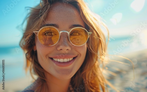 A happy woman with long blonde hair smiles brightly while wearing yellow sunglasses on a sunny beach © imagineRbc
