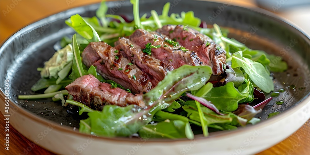 Grilled steak and mixed greens salad on a beautiful ceramic plate. Concept Grilled steak, Mixed greens salad, Ceramic plate, Food presentation Grilled steak and mixed greens salad on a beautiful ceramic plate. Concept Grilled steak, Mixed greens salad, Ceramic plate, Food presentation