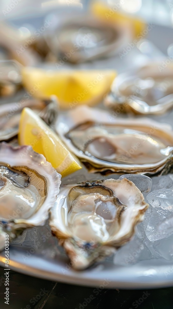 Fresh oysters on ice with lemon wedges, close-up. Gourmet seafood presentation concept Fresh oysters on ice with lemon wedges, close-up. Gourmet seafood presentation concept