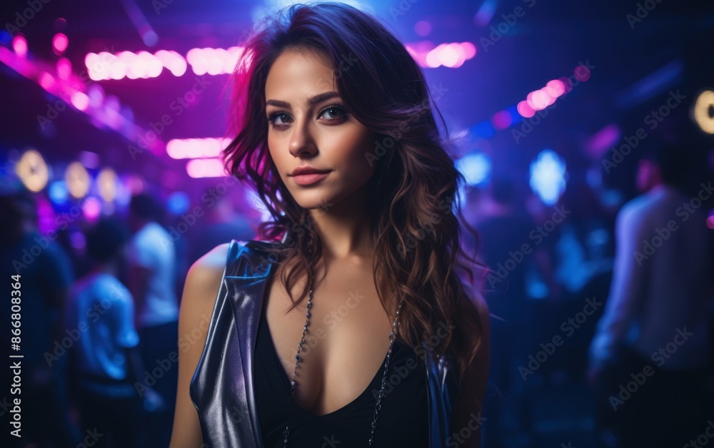 A young woman with long brown hair poses in a nightclub. The lights are blue and pink, creating a vibrant atmosphere A young woman with long brown hair poses in a nightclub. The lights are blue and pink, creating a vibrant atmosphere