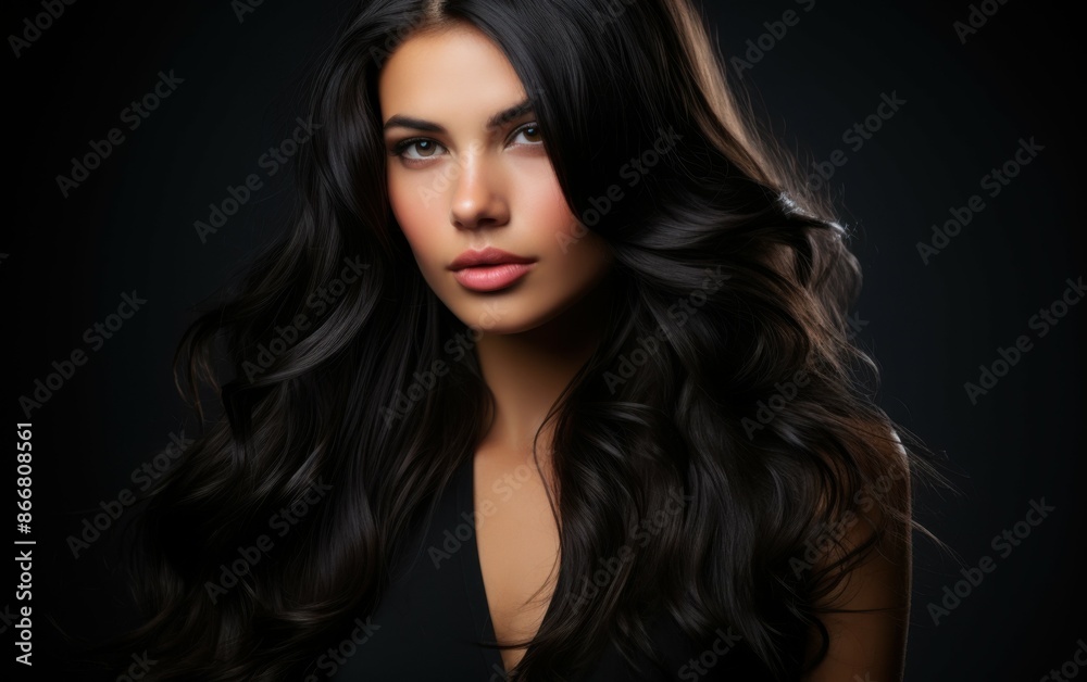 Fototapeta premium A beautiful woman with long, black, healthy hair poses against a dark background