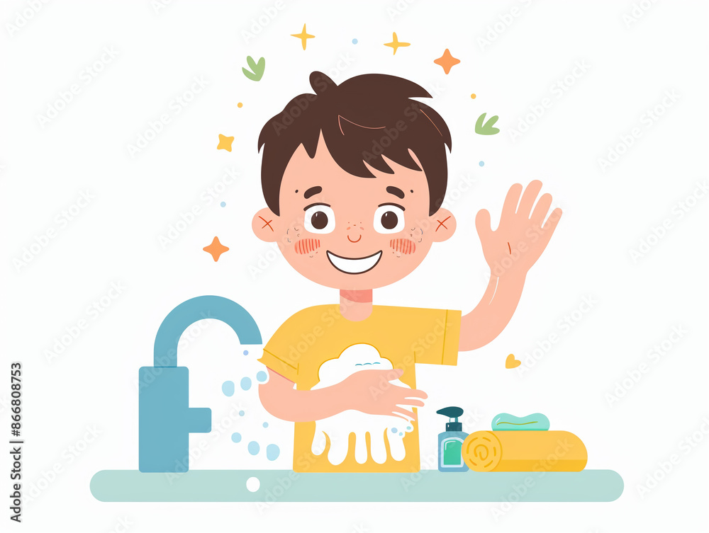 Child washes hands of art illustration, AI generated Child washes hands of art illustration, AI generated