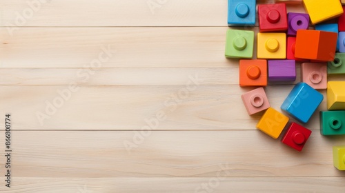 Colorful toy bricks on white wooden surface, children s playthings arranged on table