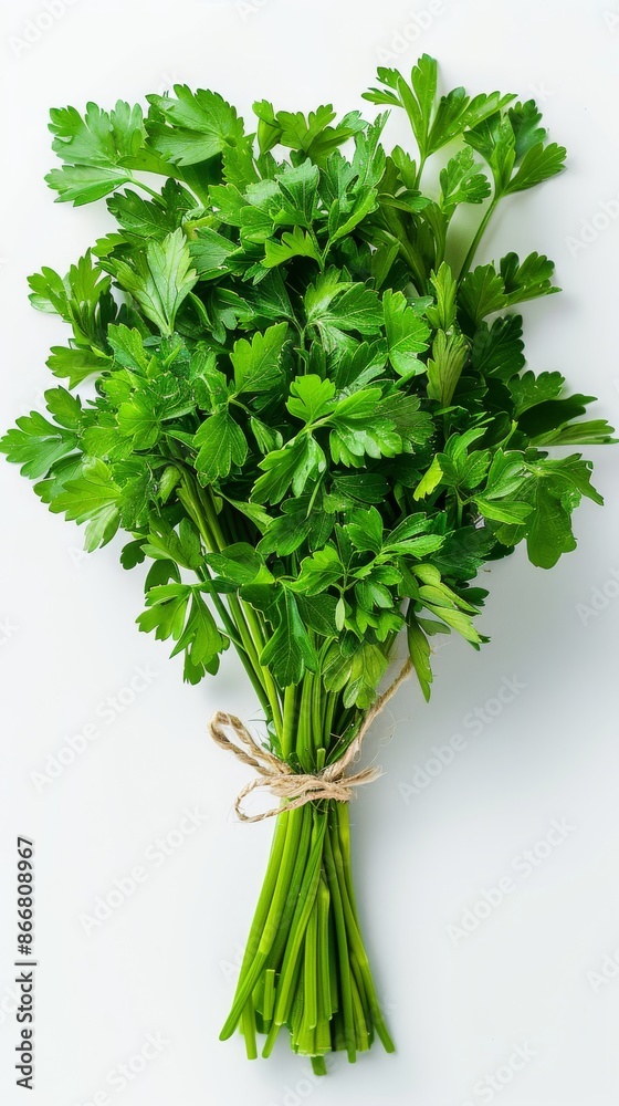 Fresh parsley bunch tied with twine on white background, close-up. Healthy eating and culinary concept Fresh parsley bunch tied with twine on white background, close-up. Healthy eating and culinary concept