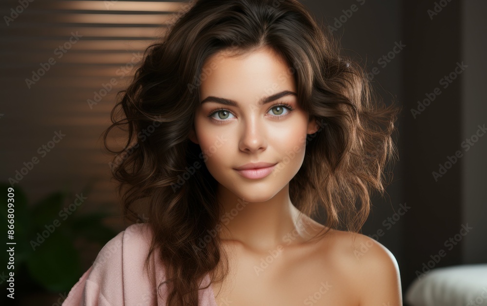 A beautiful young woman with clean, fresh skin and wavy brown hair smiles at the camera while wearing a pink robe A beautiful young woman with clean, fresh skin and wavy brown hair smiles at the camera while wearing a pink robe