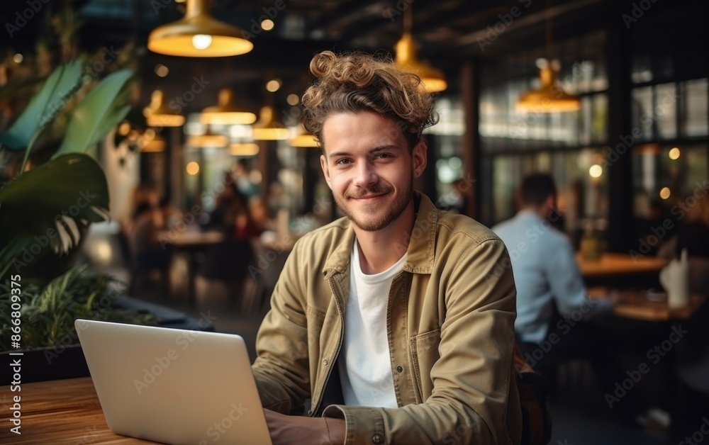 A young man smiles as he works on his laptop in a cafe. The cafe is busy with other customers, but he seems to be focused on his work A young man smiles as he works on his laptop in a cafe. The cafe is busy with other customers, but he seems to be focused on his work