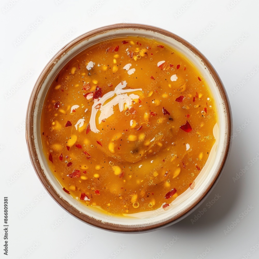 Sweet Honey Mustard Sauce minimal, on white background, top view Sweet Honey Mustard Sauce minimal, on white background, top view