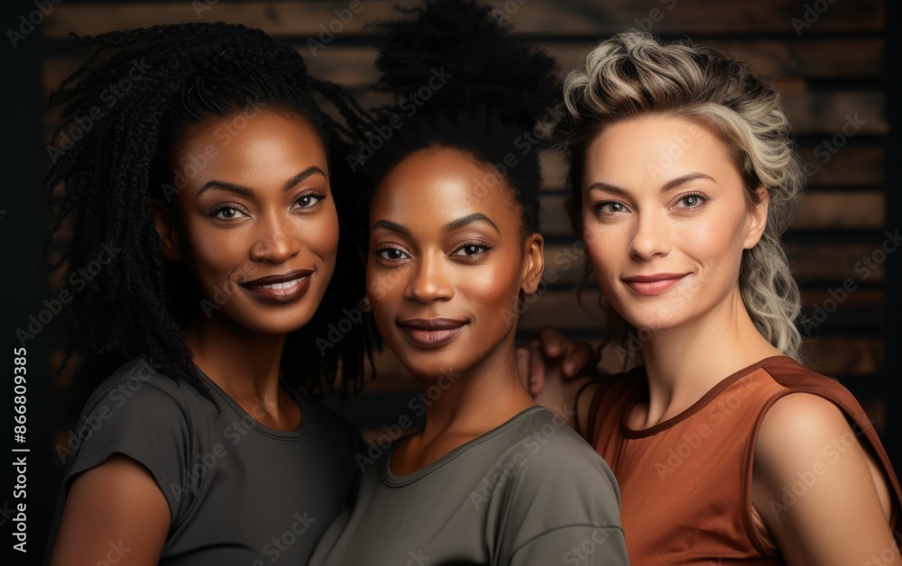 A close-up photo of three diverse women standing side-by-side, smiling at the camera, with a wooden wall in the background