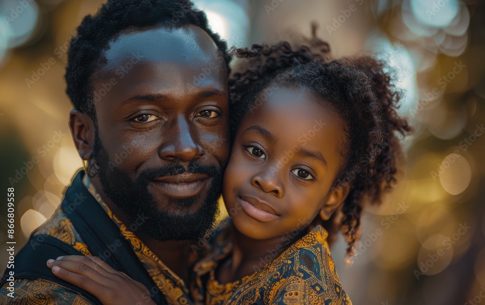 A close-up portrait of a Black father and his daughter, both smiling, with a blurred background of foliage A close-up portrait of a Black father and his daughter, both smiling, with a blurred background of foliage