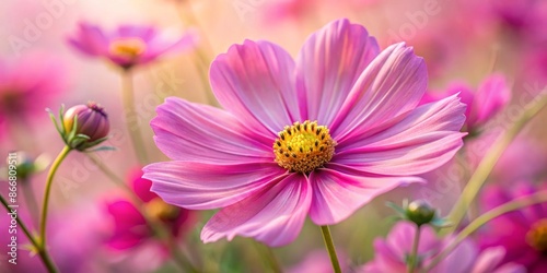 Softly swaying cosmos flower blooms in vibrant pink hue, delicate petals unfolding like tissue paper, intricate details revealed in extreme macro close-up perspective.