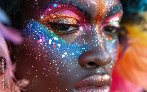 A close-up portrait of a Black drag queen with glitter makeup on their face © imagineRbc