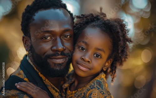 A close-up portrait of a Black father and his daughter, both smiling, with a blurred background of foliage