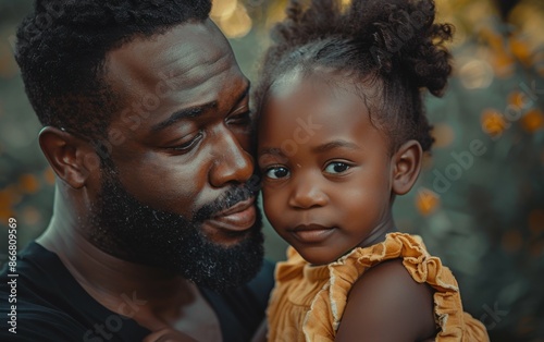 A black father and his young daughter share a tender moment outdoors, with the father looking down at his child lovingly