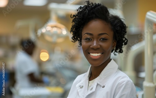 A portrait of a smiling African American female dentist doctor in a dental office