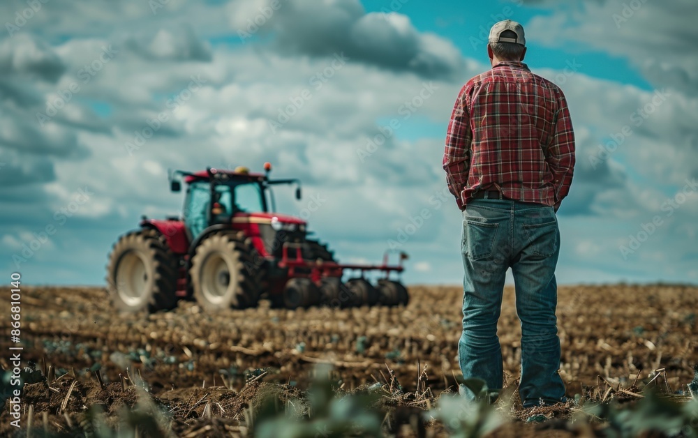 A farmer in a plaid shirt and jeans stands in a field with a tractor in the background. The sky is cloudy and the ground is tilled A farmer in a plaid shirt and jeans stands in a field with a tractor in the background. The sky is cloudy and the ground is tilled