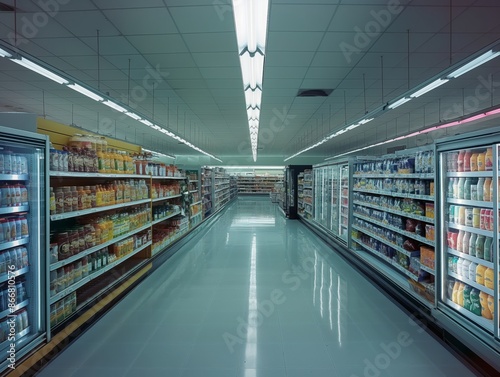A brightly lit supermarket aisle with fully stocked shelves on both sides, featuring various beverages and dairy products. The floor is clean and shiny, reflecting the overhead lights. © cherezoff