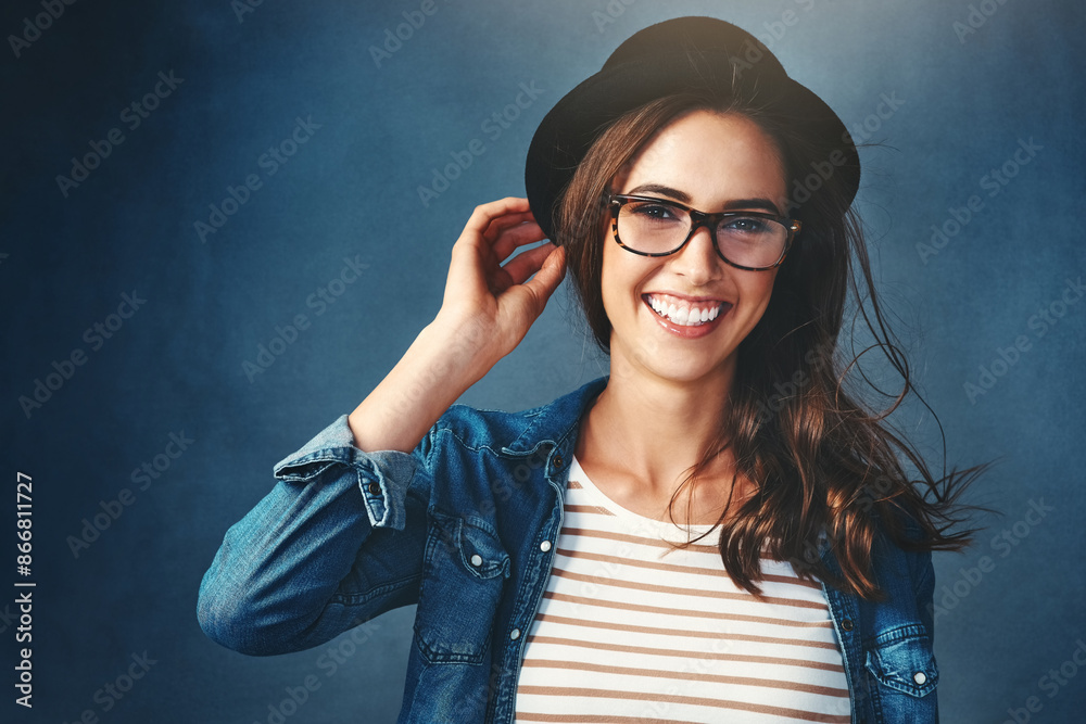Girl, portrait and smile in studio with glasses for eyecare, wellness and prescription for clear vision with optometry. Woman, eyes closed and isolated on dark background for eyewear and eyesight. Girl, portrait and smile in studio with glasses for eyecare, wellness and prescription for clear vision with optometry. Woman, eyes closed and isolated on dark background for eyewear and eyesight.