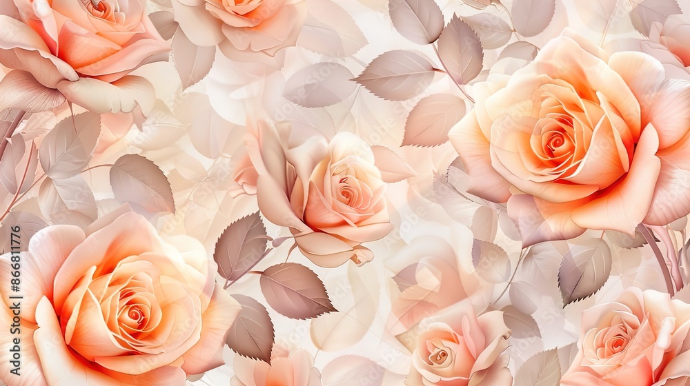 Delicate Peach Fuzz Roses Seamless Pattern with Watercolor Background