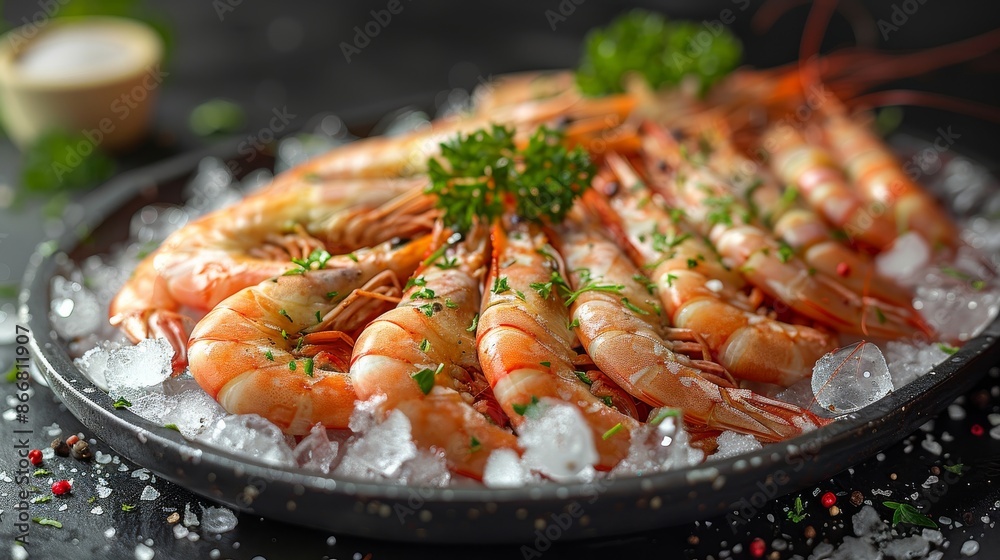 Fresh shrimp on ice with herbs and spices Fresh shrimp on ice with herbs and spices