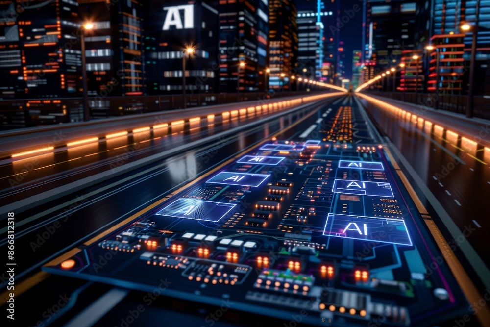 Fototapeta premium AI data highway with glowing elements, digital transformation, tech innovation, artificial intelligence, advanced computing, high tech, cybernetics, smart solutions, futuristic