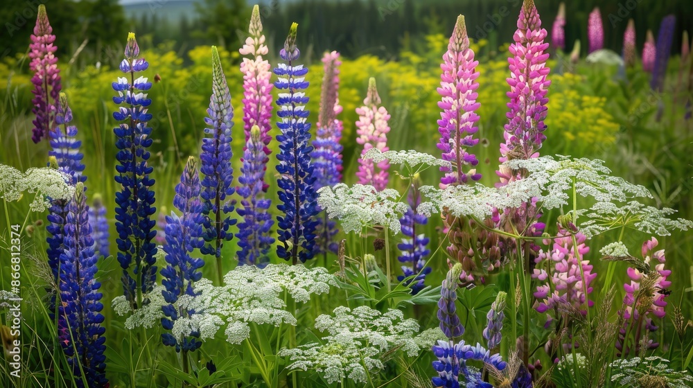 Meadow adorned with purple and pink lupin and queen anne s lace flowers Meadow adorned with purple and pink lupin and queen anne s lace flowers