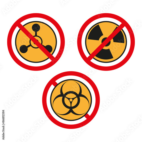 No hazard symbols. Chemical, radioactive, biohazard. Warning vector signs. Red and yellow icons.