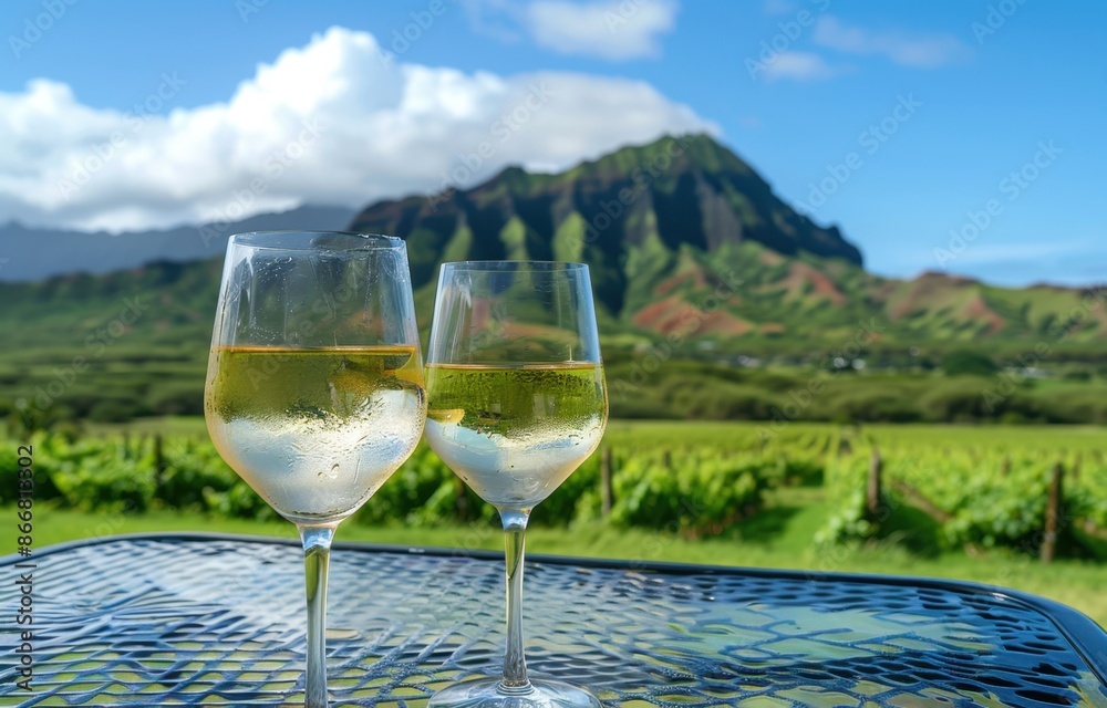 Two glasses of white wine on a table with a Hawaii mountain in the background, a blue sky, green grass Generative AI Two glasses of white wine on a table with a Hawaii mountain in the background, a blue sky, green grass Generative AI