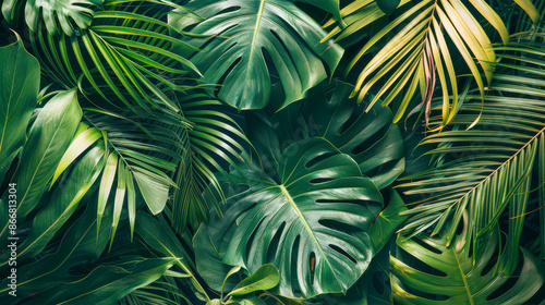 Boho style background with palm leaves. Background with palm leaves and space for text