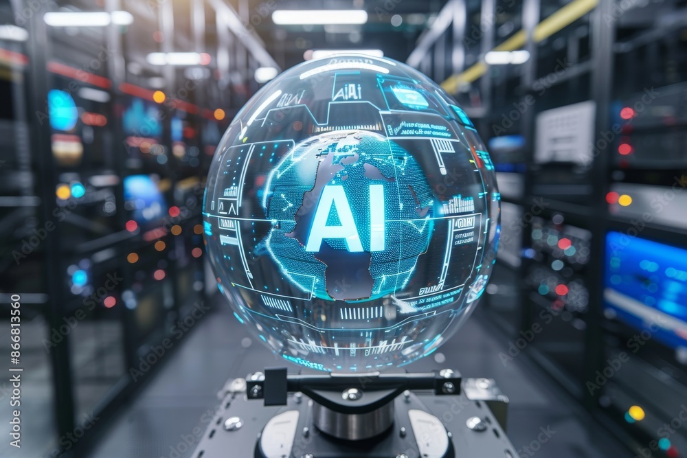 AI holographic globe in data center, digital transformation, tech innovation, artificial intelligence, advanced computing, high tech, cybernetics, smart solutions, futuristic AI holographic globe in data center, digital transformation, tech innovation, artificial intelligence, advanced computing, high tech, cybernetics, smart solutions, futuristic