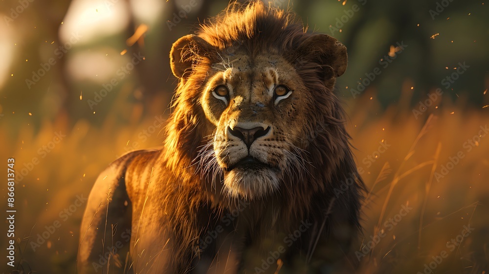 Naklejka premium Visual aid on the African Lion Panthera leo illustrating its intense gaze origins in Africa and habitats in savannas and grasslands with visuals of its majestic mane and social pride behavior