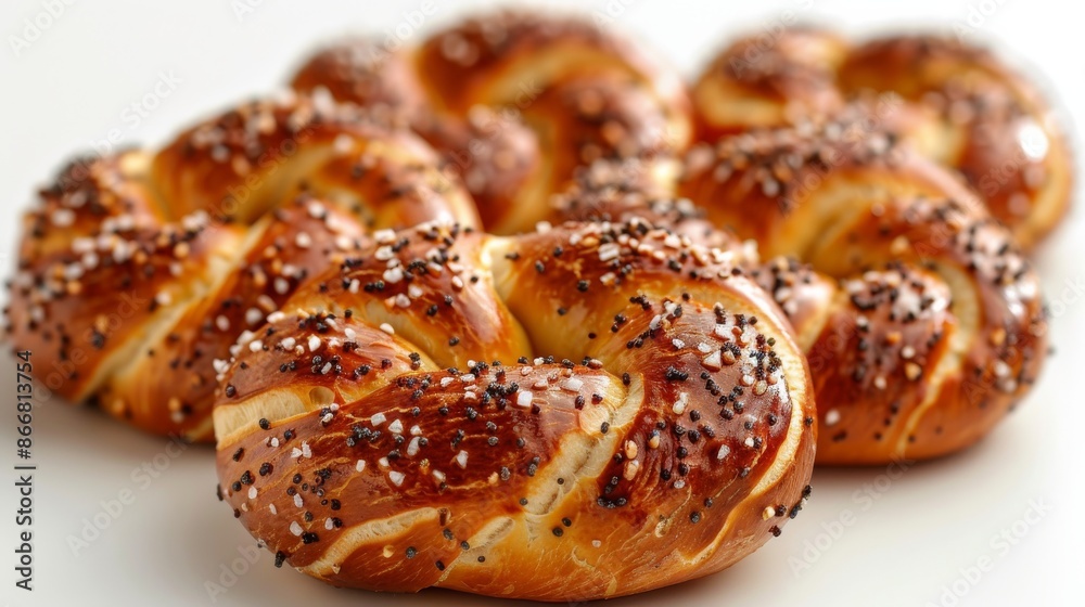 Freshly baked soft pretzels with sesame and poppy seeds, close-up view. Snack food and bakery concept. Freshly baked soft pretzels with sesame and poppy seeds, close-up view. Snack food and bakery concept.