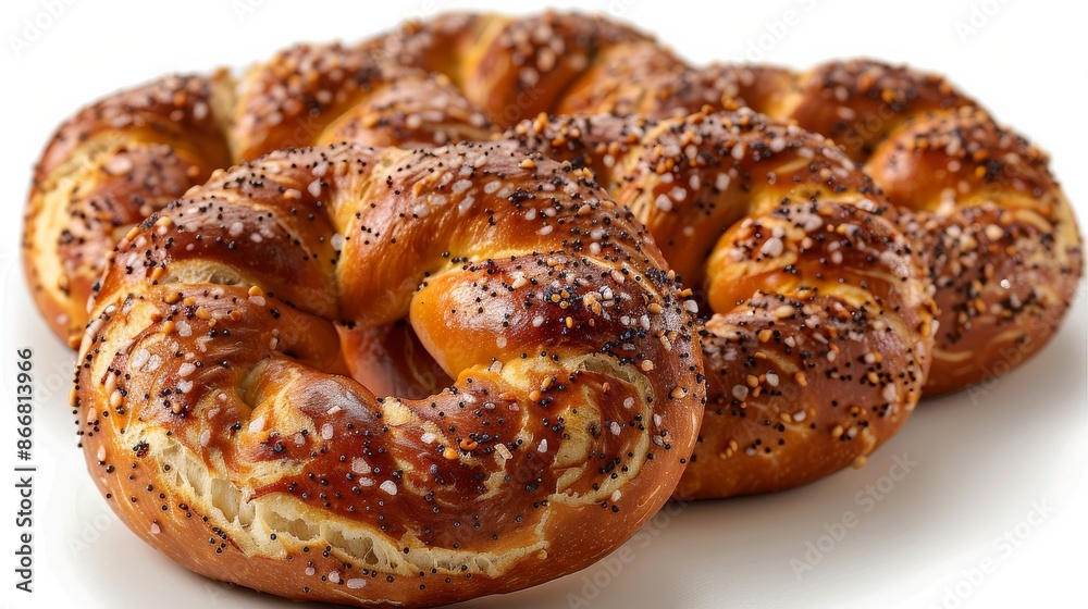 Freshly baked soft pretzels with sesame seeds and salt on white background Freshly baked soft pretzels with sesame seeds and salt on white background