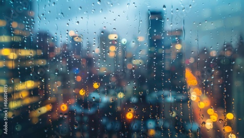 Raindrops on a window pane with a blurred cityscape in the background. AI.