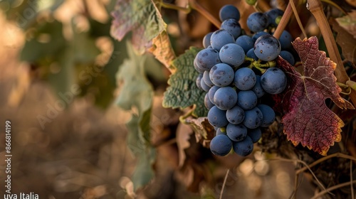 A cluster of ripe, dark blue grapes hangs from a vine, showcasing the beauty and abundance of a vineyard during harvest season